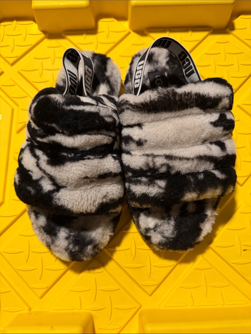 UGG Black & White Faux Fur Slide Slippers